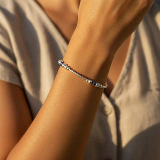 Woman wearing a Purple Crystals Sterling Silver Women's Stacking Beaded Bracelet by My Silver Wish
