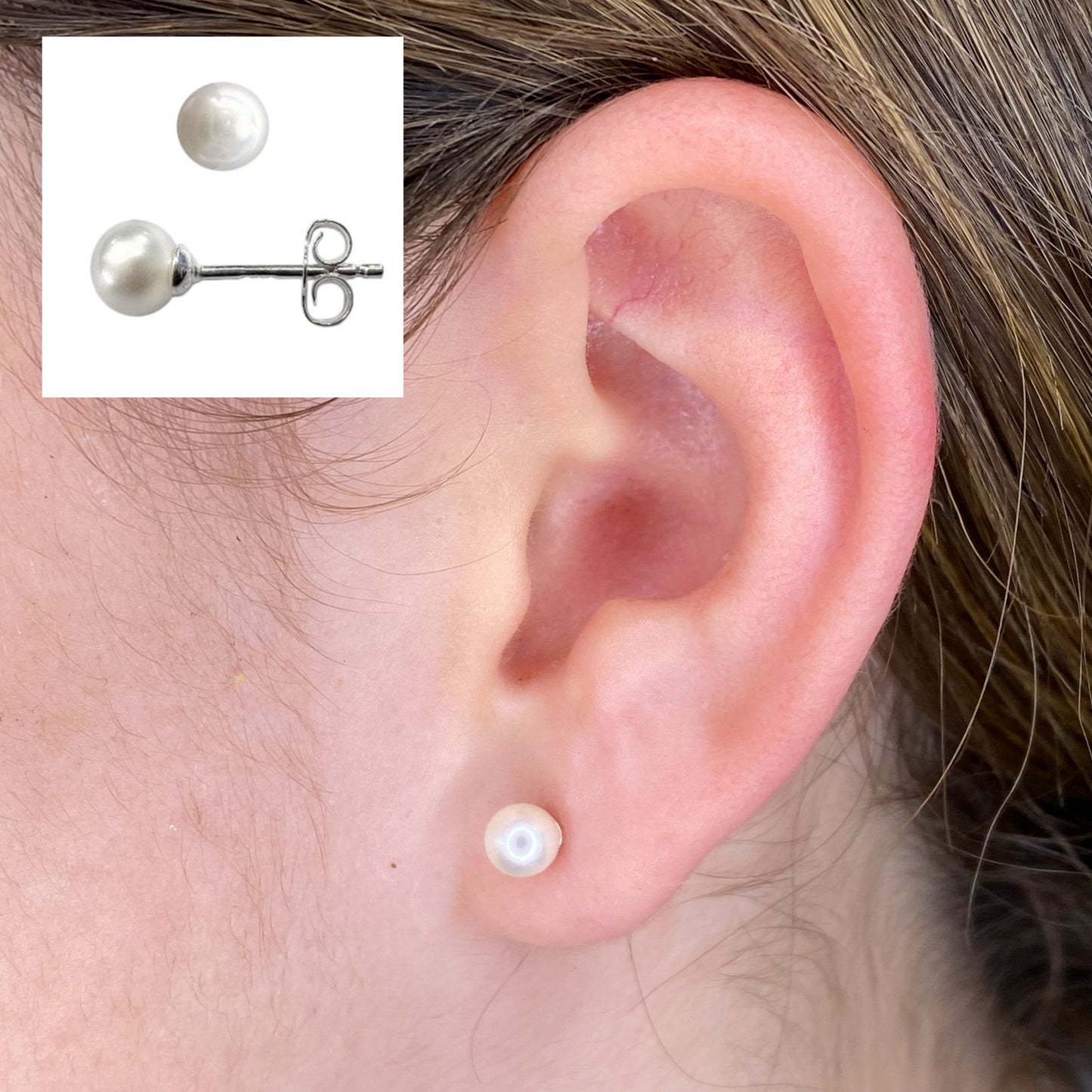 Closeup of Pearl Sterling Silver Stud Earrings by My Silver Wish