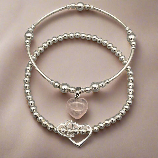 Rose quartz heart & sterling silver twin heart charms women's stacking bracelet set by My Silver Wish