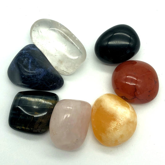 Chakra Gemstone Crystal Reiki Balancing Set: Black Obsidian, Sunstone, Calcite, Rose Quartz, Blue Tigers Eye, Sodalite, Clear Quartz by My Silver Wish