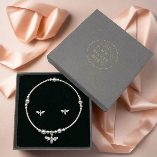 Bee charm sterling silver hand-made women's stacking bracelet and earring gift set by My Silver Wish