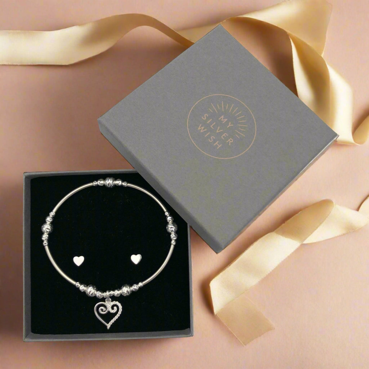 Scroll heart charm sterling silver hand-made women's stacking bracelet and earring gift set by My Silver Wish