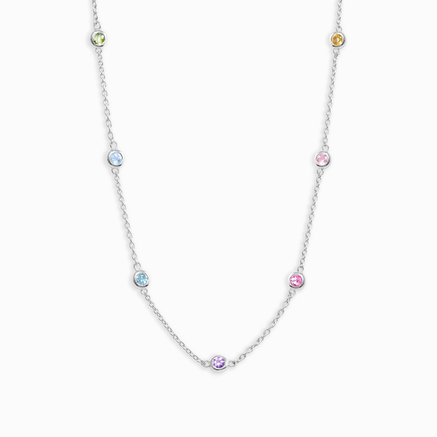 Necklace with small multicolored gemstones on a white background