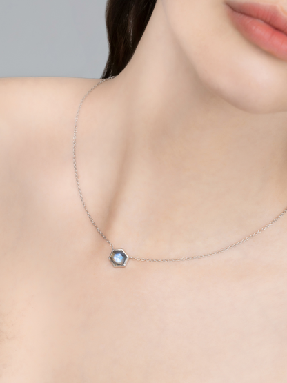 Ladies Labradorite Necklace with a pendant on a female model against a neutral background