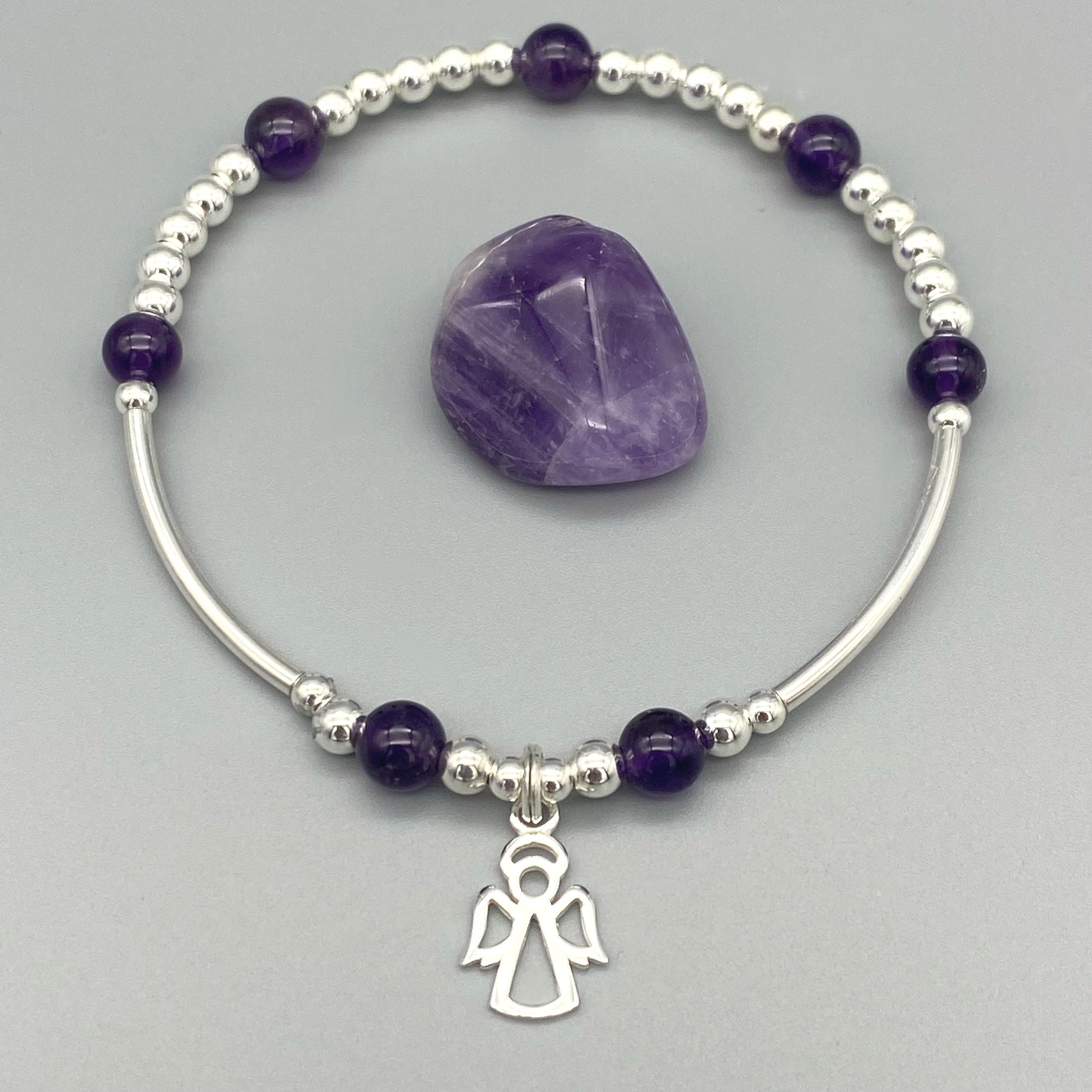Angel Charm Amethyst Healing Crystal Women's Sterling Silver Stacking Bracelet by My Silver Wish