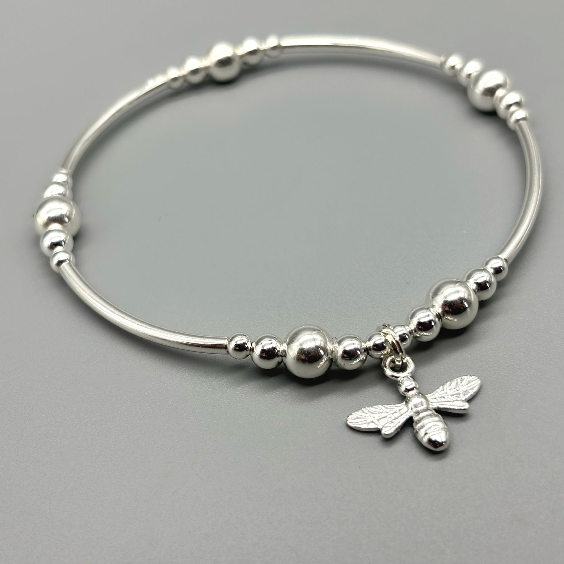 Bee charm sterling silver stacking stretch bracelet for her by My Silver Wish
