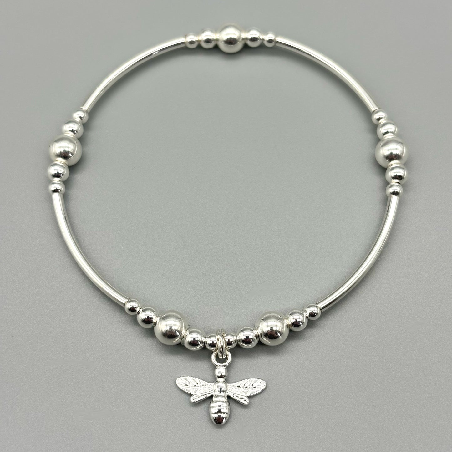 Bee charm sterling silver stacking stretch bracelet for her by My Silver Wish