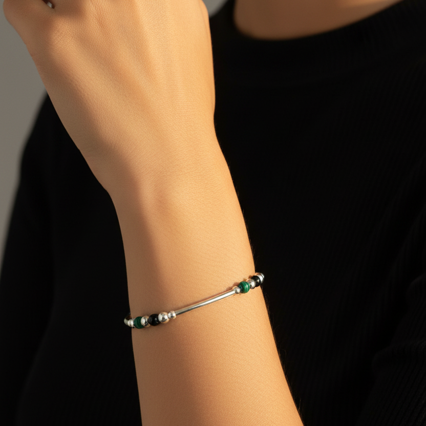 Woman wearing a Crystal healing bracelet for personal growth and transformation by My Silver Wish