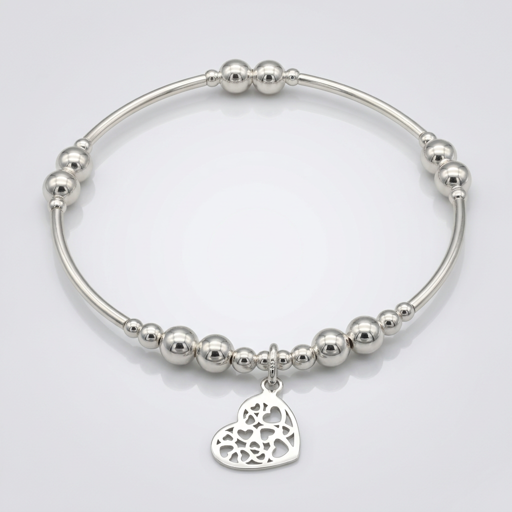 Heart charm filigree sterling silver hand-made women's stacking bracelet by My Silver Wish