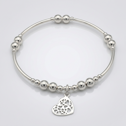 Heart charm filigree sterling silver hand-made women's stacking bracelet by My Silver Wish