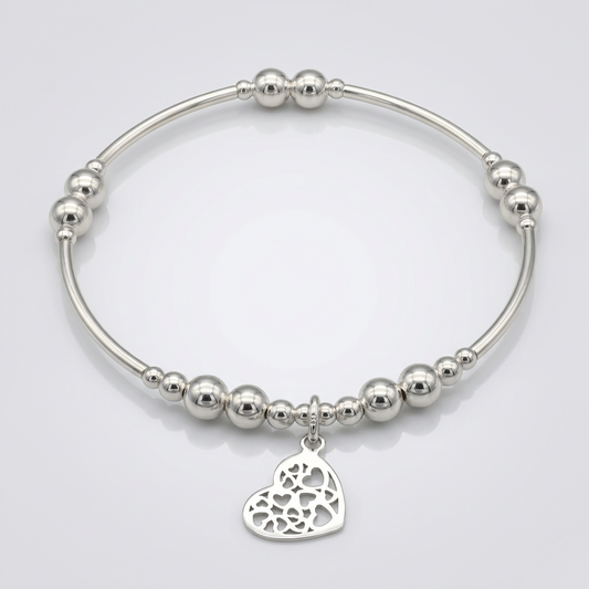 Heart charm filigree sterling silver hand-made women's stacking bracelet by My Silver Wish