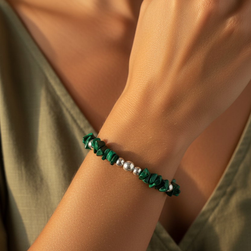 Woman wearing a Malachite healing crystal & sterling silver women's stacking bracelet by My Silver Wish