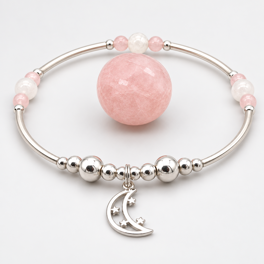 Moon & Stars Charm Women's Moonstone Rose Quartz Silver Stacking Bracelet by My Silver Wish