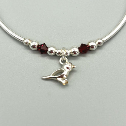 Robin charm red crystal sterling silver stacking bracelet for her