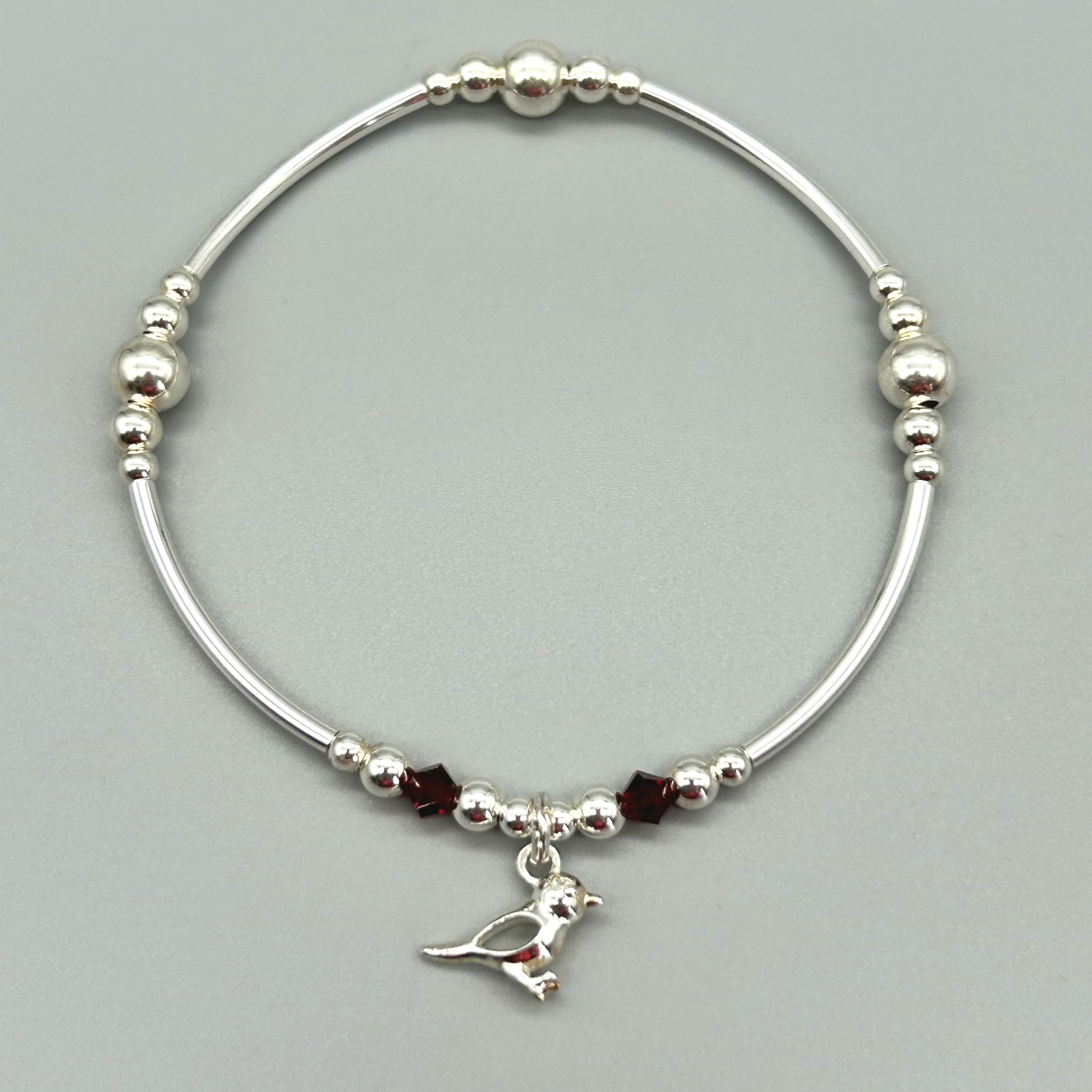 Robin charm red crystal sterling silver stacking bracelet for her