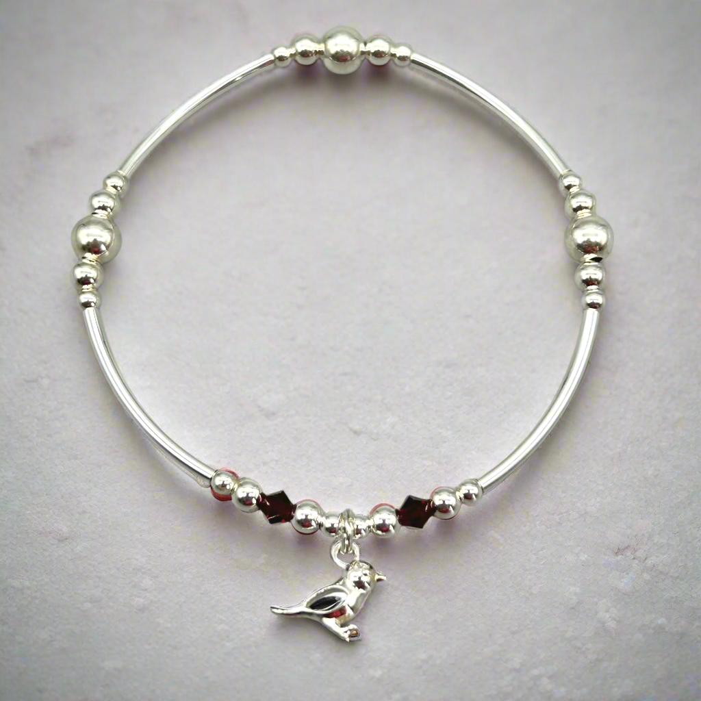 Robin charm red crystal sterling silver stacking bracelet for her by My Silver Wish