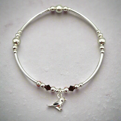 Robin charm red crystal sterling silver stacking bracelet for her by My Silver Wish