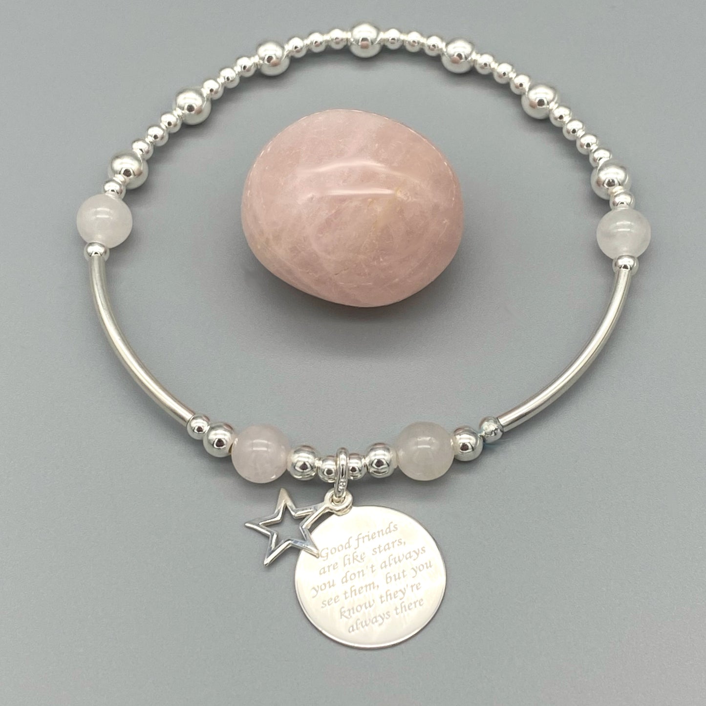 "Friends are like stars..." charm rose quartz & sterling silver women's stacking bracelet by My Silver Wish