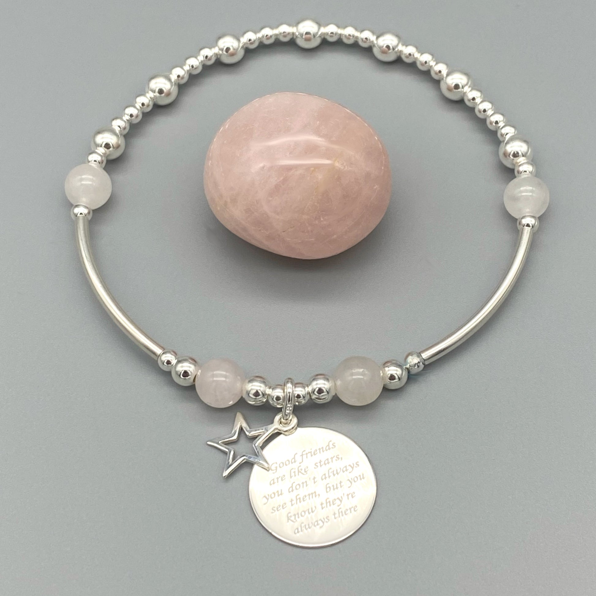"Friends are like stars..." charm rose quartz & sterling silver women's stacking bracelet by My Silver Wish