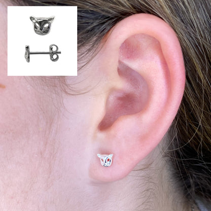 Closeup of Cat sterling silver stud earrings by My Silver Wish