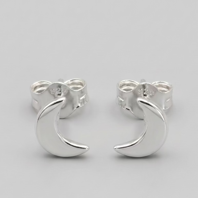 Closeup of Crescent Moon Sterling Silver Stud Earrings by My Silver Wish