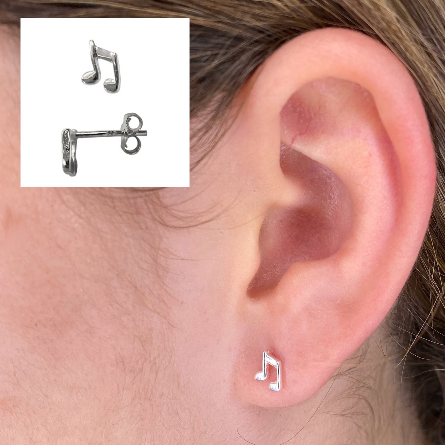 Closeup of Musical Note Sterling Silver Stud Earrings by My Silver Wish