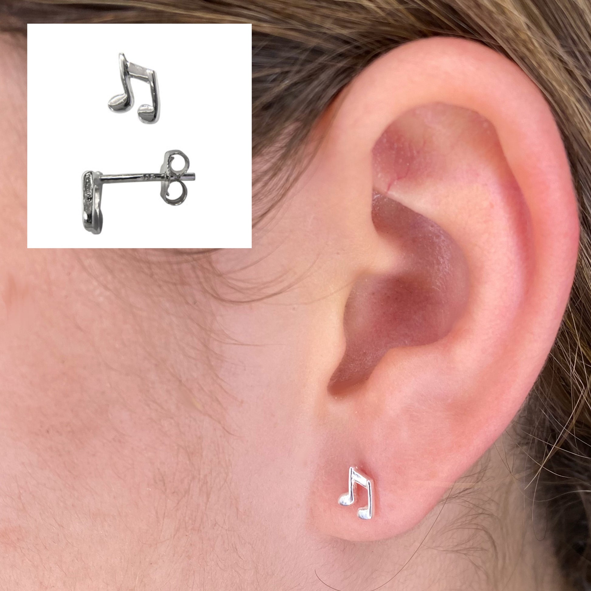 Closeup of Musical Note Sterling Silver Stud Earrings by My Silver Wish