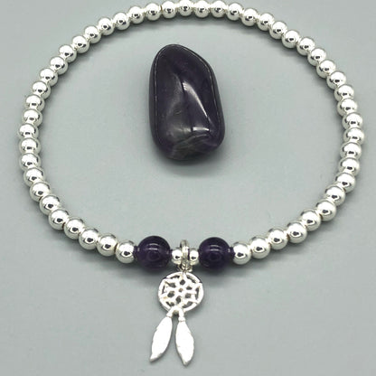 Dream Catcher Charm & Amethyst Crystal Beads Sterling Silver Stacking bracelet by My Silver Wish