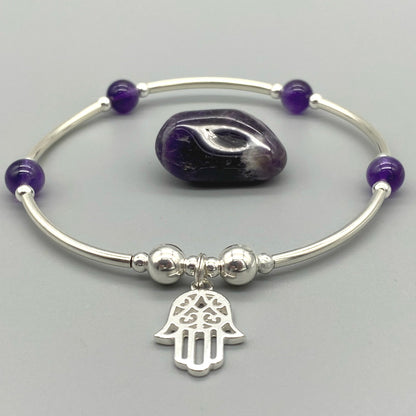 Hamsa Hand Charm Amethyst Healing Crystal Sterling Silver Women's Stacking Bracelet by My Silver Wish