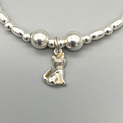Closeup of Cat charm sterling silver stacking bracelet for her by My Silver Wish
