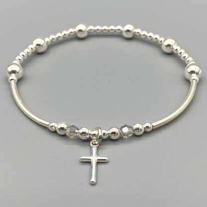 Cross Charm & Crystal Beads Sterling Silver Stacking Bracelet for her by My Silver Wish