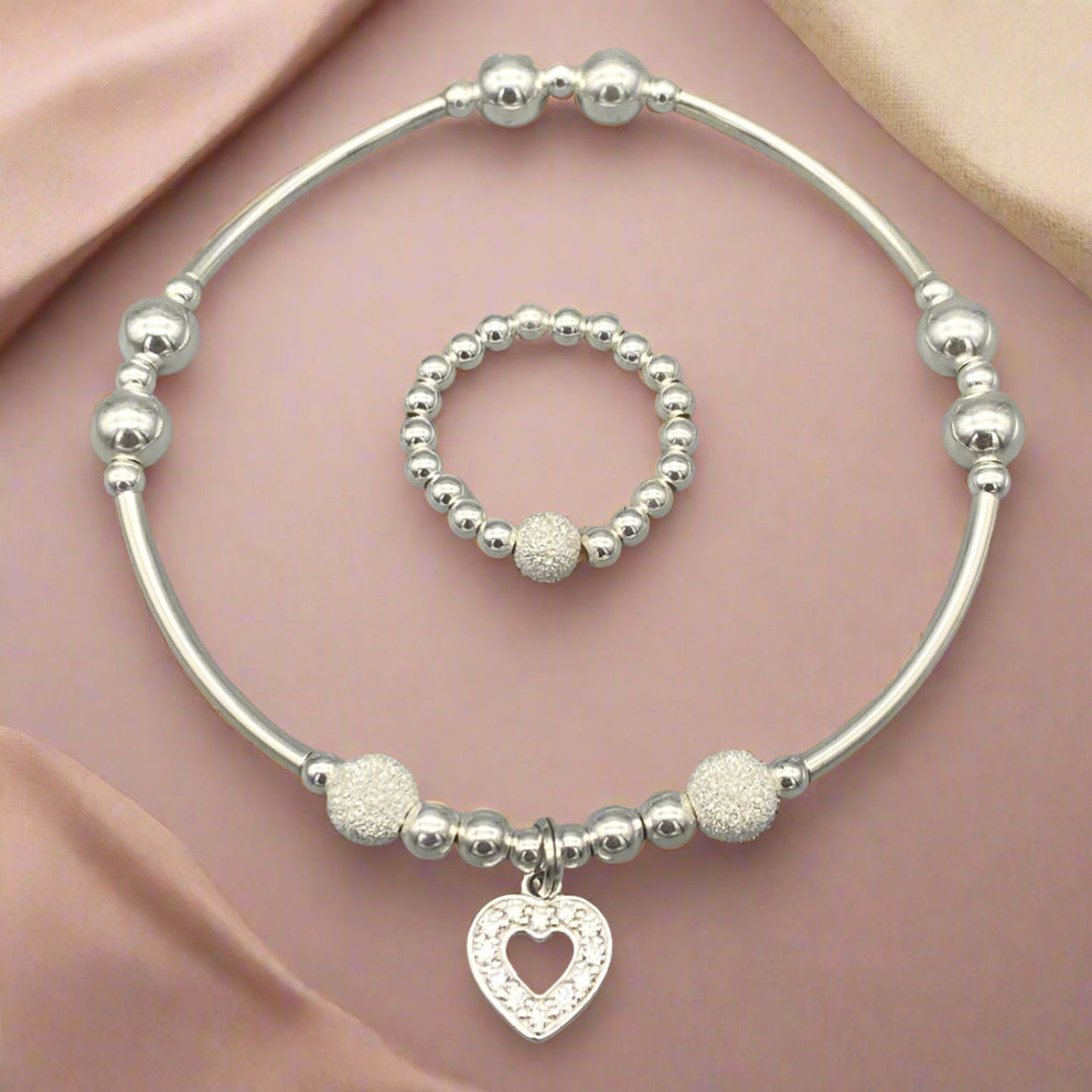 Jewellery gift set, Silver stack bracelet & ring, Diamond heart charm ...