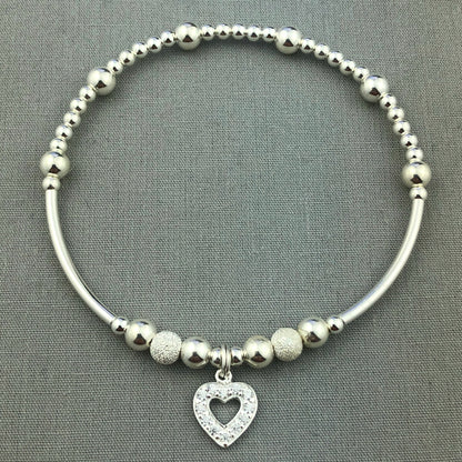Crystal heart charm sterling silver stacking charm bracelet by My Silver Wish