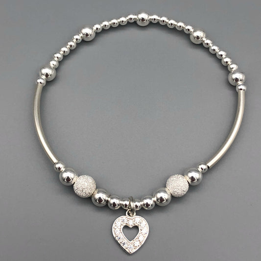 Diamond heart charm starburst beads sterling silver hand-made girl's stacking bracelet by My Silver Wish