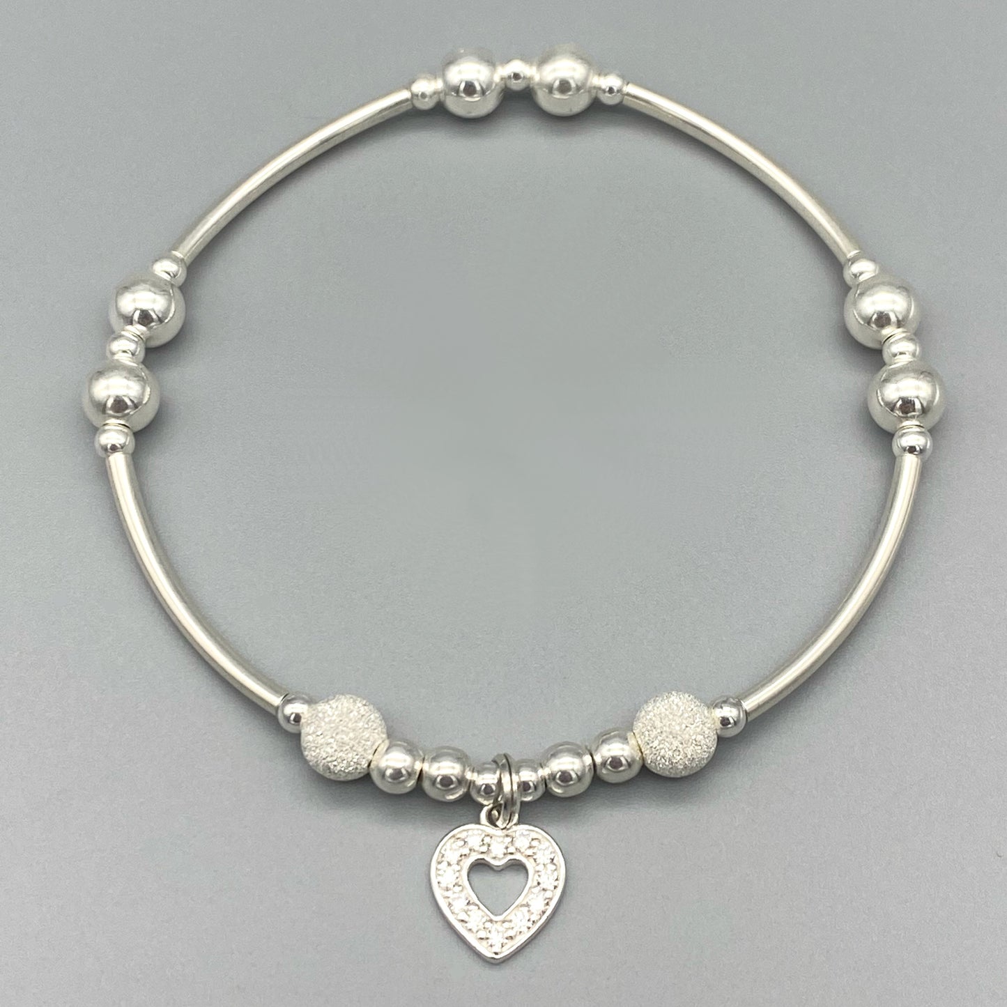 Diamond heart charm sterling silver stacking bracelet by My Silver Wish