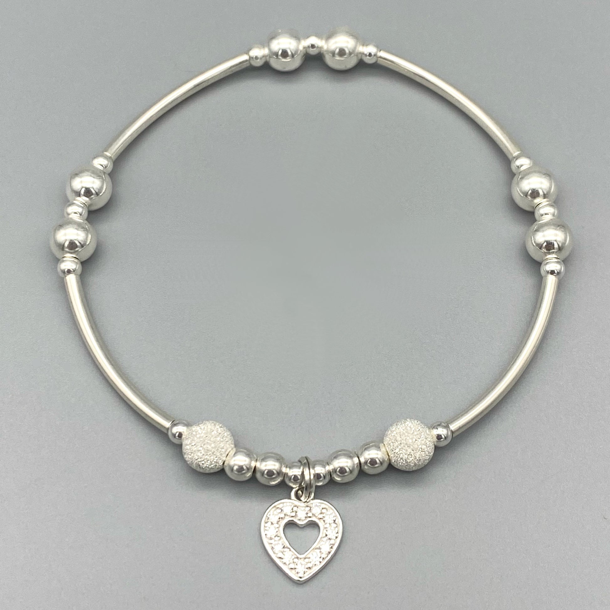 Diamond heart charm sterling silver hand-made women's stacking bracelet by My Silver Wish