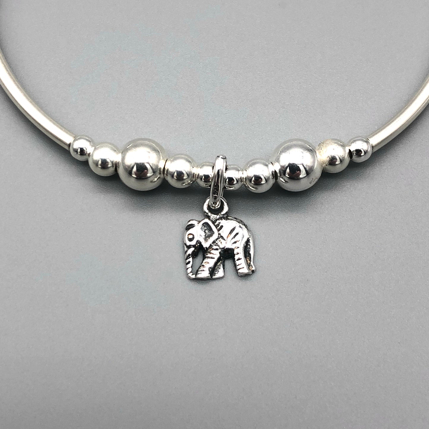 Closeup of Elephant Charm Children's Sterling Silver Stacking Bracelet by My Silver Wish