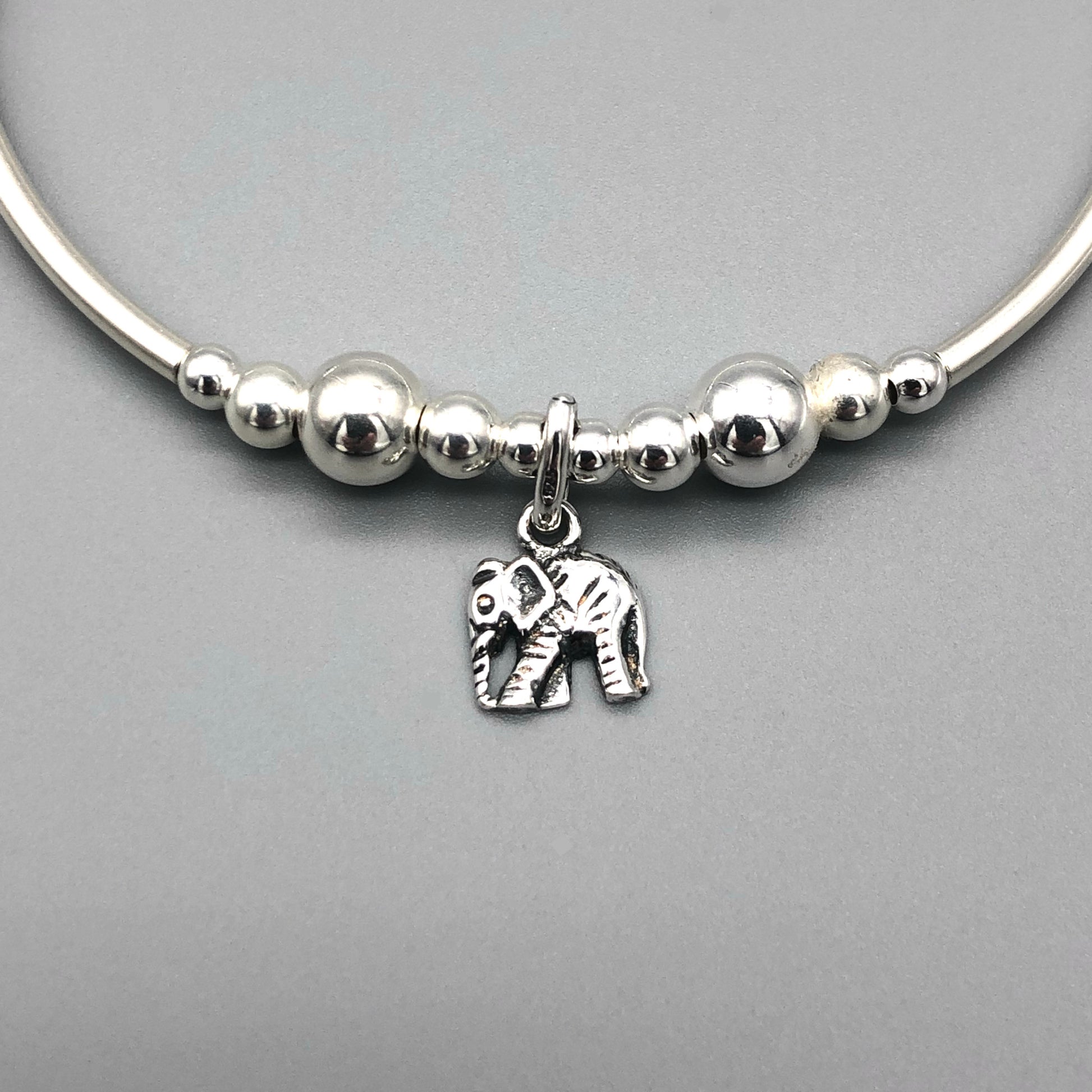 Closeup of Elephant Charm Children's Sterling Silver Stacking Bracelet by My Silver Wish