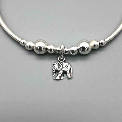 Closeup of Elephant Charm Children's Sterling Silver Stacking Bracelet by My Silver Wish