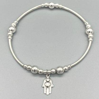 Hamsa hand hearts charm sterling silver stacking bracelet for her by My Silver Wish
