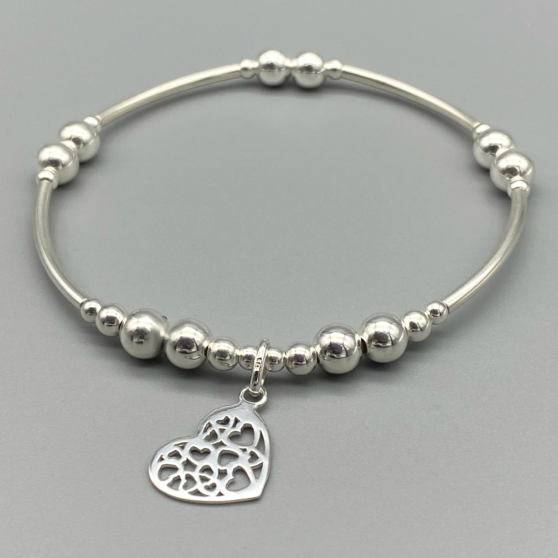 Heart charm filigree sterling silver hand-made women's stacking bracelet by My Silver Wish