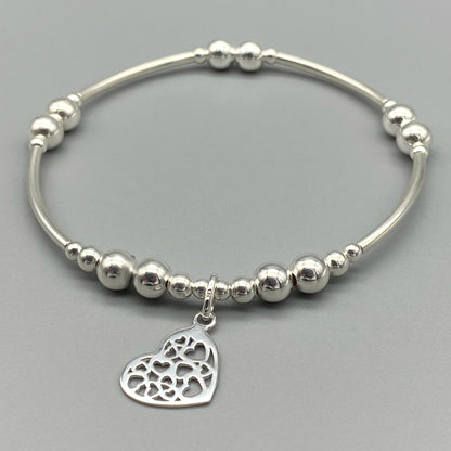 Heart charm filigree sterling silver hand-made women's stacking bracelet by My Silver Wish