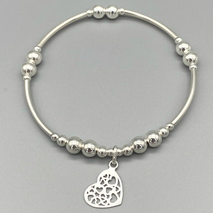 Heart charm filigree sterling silver hand-made women's stacking bracelet by My Silver Wish