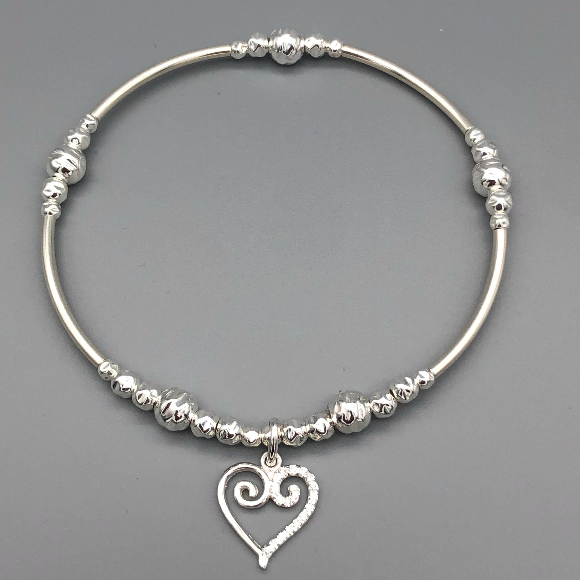 Scroll heart charm sterling silver hand-made women's stacking bracelet by My Silver Wish
