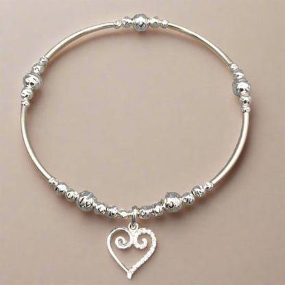Scroll heart charm sterling silver hand-made women's stacking bracelet by My Silver Wish