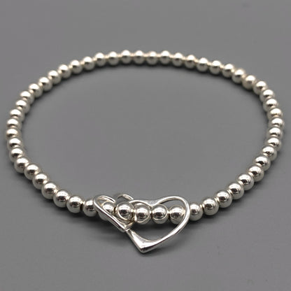 Interlinked open heart charm sterling silver hand-made women's stacking bracelet