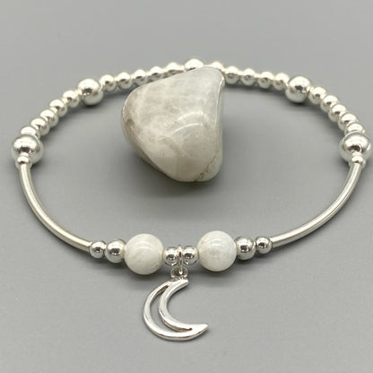 Moon charm & moonstone beads sterling silver stacking bracelet for her by My Silver Wish