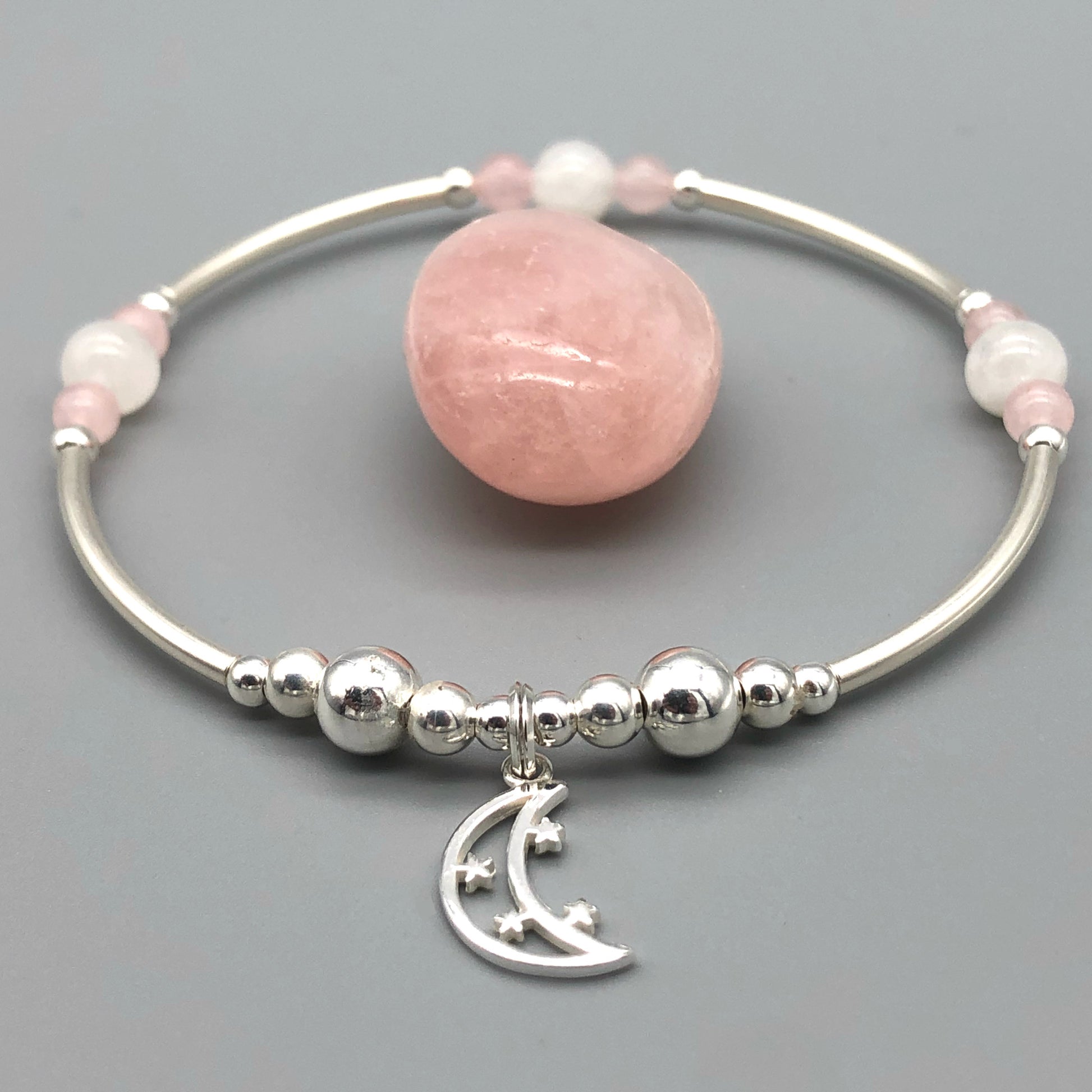 Moon & Stars Charm Women's Moonstone Rose Quartz Silver Stacking Bracelet by My Silver Wish