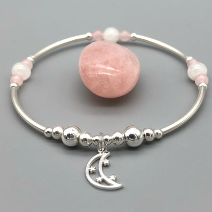 Moon & Stars Charm Women's Moonstone Rose Quartz Silver Stacking Bracelet by My Silver Wish