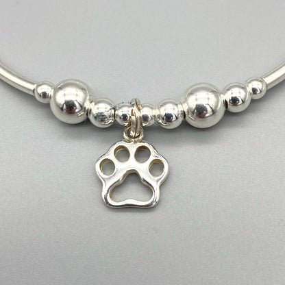 Closeup of Cat Paw Charm Sterling Silver Stacking Bracelet for Her by My Silver Wish